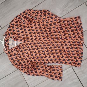 Herion blouse- collared button front- orange/navy/with green accents -